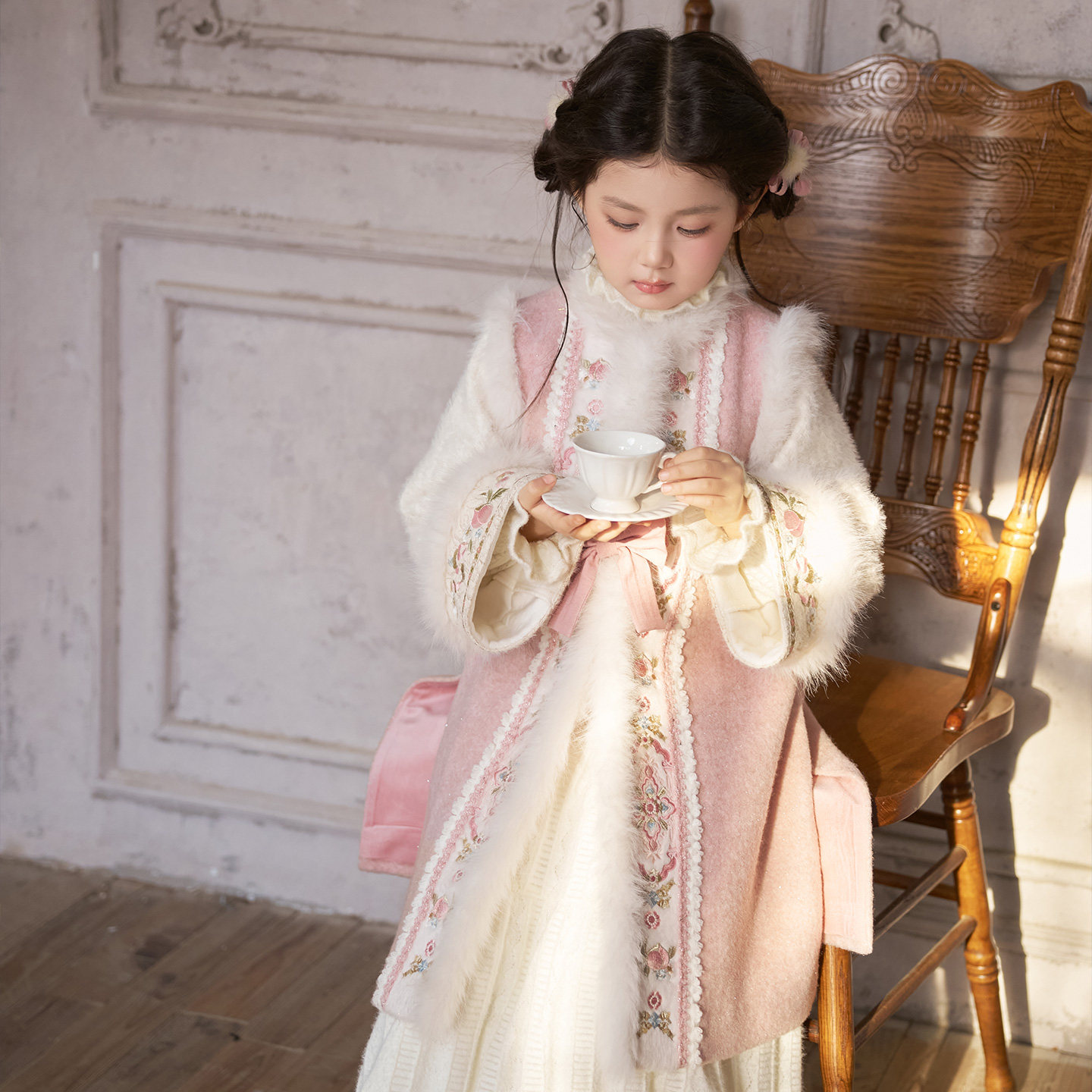 十三余童装【桃间雪】粉色毛呢刺绣外套保暖针织半裙明制女童冬,淘宝优惠券,粉丝福利购,淘宝优惠卷