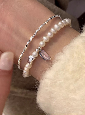 s925纯银LUCKY方牌淡水珍珠手链女ins简约百搭碎银子幸运豆豆