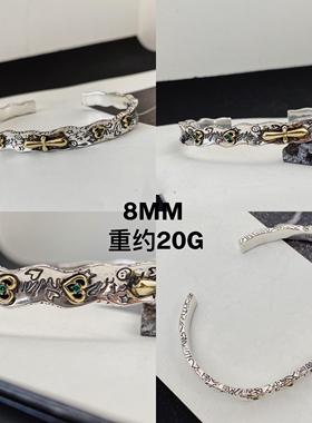 新款不同银匠创925纯 银十架涂字鸦扭纹细开口手镯镶嵌宝石女式原