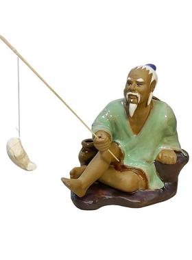 高13cm姜太公钓鱼造景陶瓷摆件跶渔假山吸水石盆景鱼池装饰工艺品