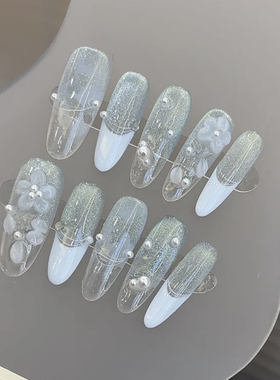 冰透浅蓝色白珍珠立体雕花美甲穿戴甲长椭圆3.5cm