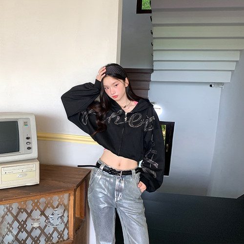 FTT FlyTheTruth『派对暗号』 美式烫钻连帽卫衣女2025新款短外套 - 图2