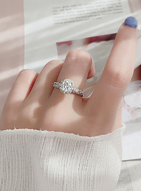 1克拉八心八箭镀PT950爆闪仿真钻戒女生开口戒指女 小众婚戒指环