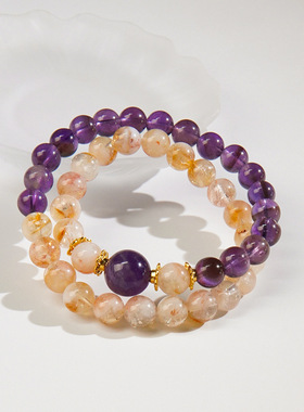 高货批发天然乌拉圭紫水晶手链女款黄塔晶双圈叠戴转运珠小众