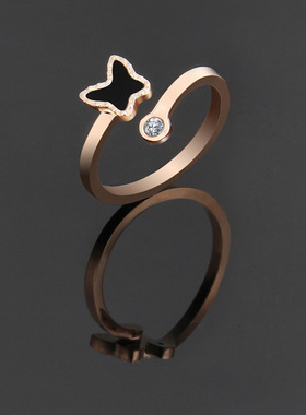 厂家直销新款潮流黑贝蝴蝶钻戒时尚玫瑰金女戒开口蝴蝶元素设计