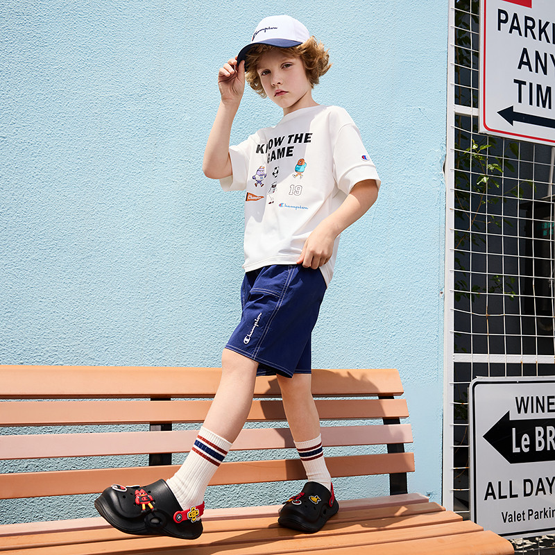 【防泼水】Champion冠军童装2025夏季新款经典弹梭织运动休闲短裤,淘宝优惠券,粉丝福利购,淘宝优惠卷