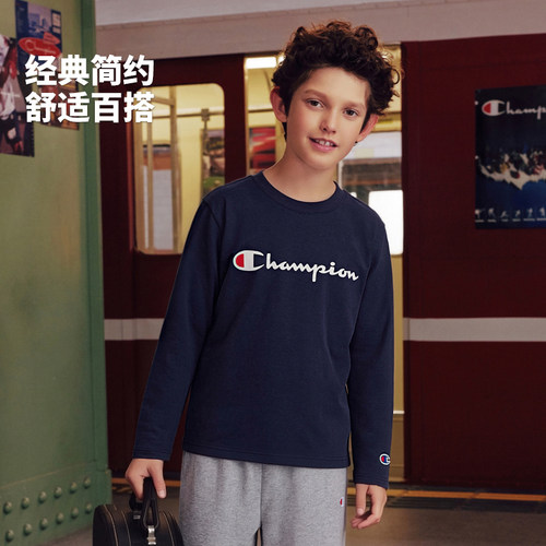 Champion冠军男女儿童青少年纯棉舒适百搭经典款logo印花长袖T恤 - 图1