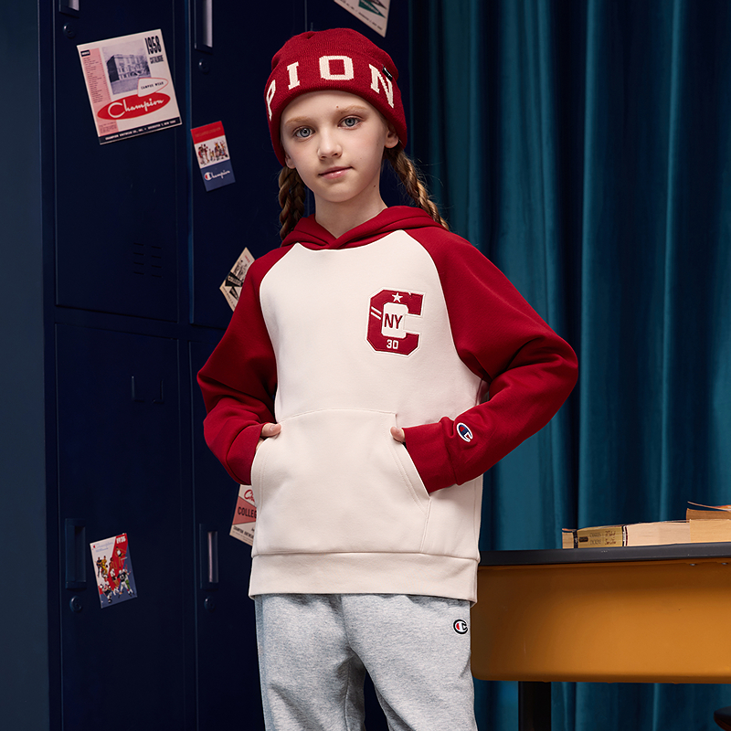 【加绒】Champion冠军男女童新年本命年学院红色插肩袖卫衣外套冬 - 图1