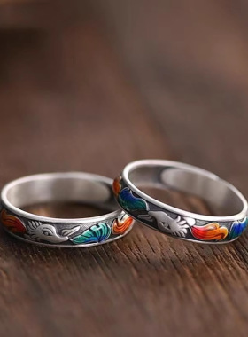 新款珐琅彩九尾狐狸戒指女士复古