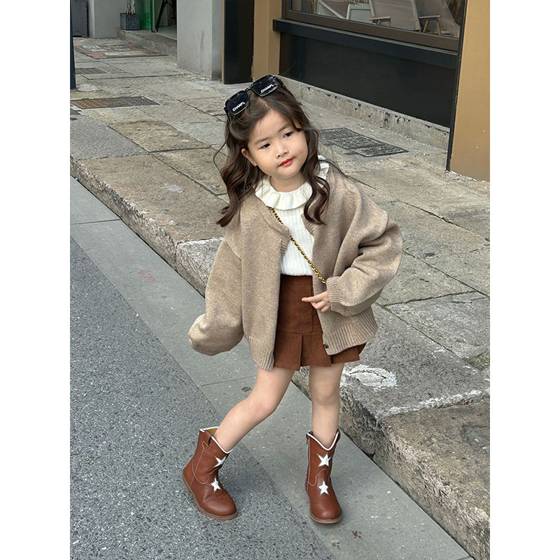 女童毛衣开衫外套2025秋冬新款咖啡色宽松荷叶边打底衫百褶裙套装,淘宝优惠券,粉丝福利购,淘宝优惠卷