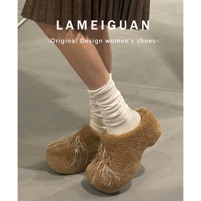 甜美溜须兔毛绒白色包头拖鞋女外穿2025新款松糕厚底加绒勃肯棉鞋,淘宝优惠券,粉丝福利购,淘宝优惠卷