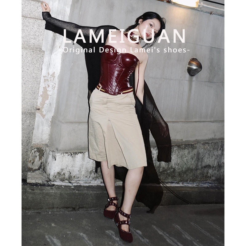 复古铆钉圆头芭蕾玛丽珍鞋女春2026新款红色气质法式浅口平底单鞋,淘宝优惠券,粉丝福利购,淘宝优惠卷