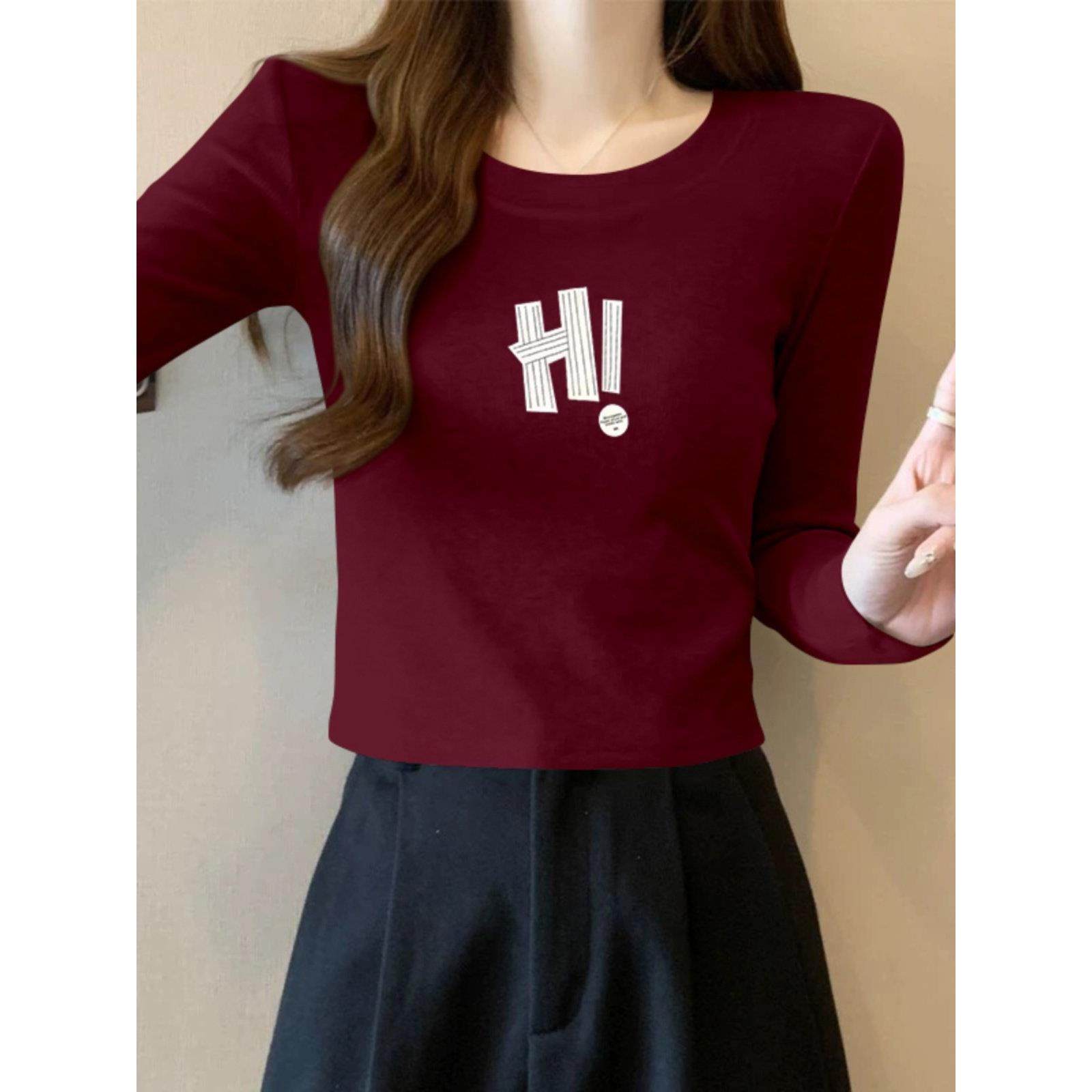 酒红色短款正肩打底衫女内搭2025新款春秋修身加绒长袖T恤上衣潮,淘宝优惠券,粉丝福利购,淘宝优惠卷