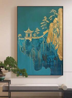 新中式中国风山水端大气绿色抽象客厅装饰画玄关壁画竖版挂画