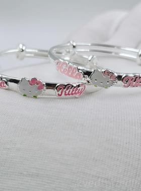 新款999宝纯银手镯女学实生小宝猫粉色主银手环心婴儿公童满月礼