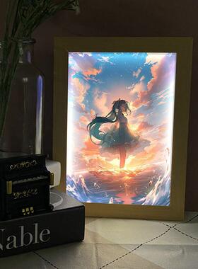 发光相框动漫女孩装饰画灯光画相框摆台led小夜灯动漫线条挂画送
