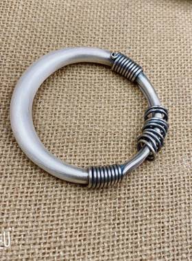 新款风定制银匠手工纯银民族复古足实银999纯银手镯圆肚光圈绕丝