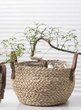2025新款手工编织海草绳花盆创意绿萝装饰落地绿植手提花篮摆件
