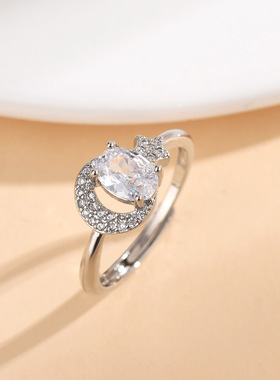 微镶莫桑石钻戒女小众高级感轻奢活口戒指个性时尚女款微镶女