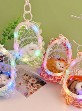 仿真猫咪摆件花边吊篮家居毛绒会叫小猫模型玩具厂家批发毛茸茸