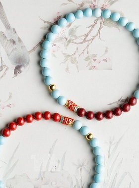 绿松石手串朱砂天然玉石串珠新中式国风好运手链女锦鲤转运珠锦乐