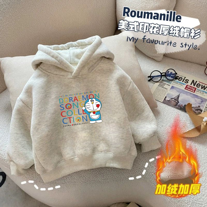 100%纯棉男童加绒加厚连帽卫衣2025秋冬新款儿童宝宝简约印花上衣 - 图2