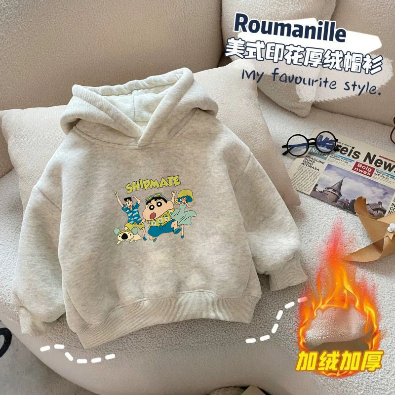 100%纯棉男童加绒加厚连帽卫衣2025秋冬新款儿童宝宝简约印花上衣 - 图1