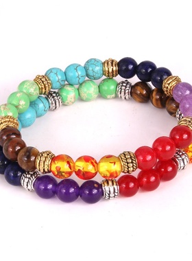 天然石七彩手链女士8mm珠子瑜伽轮隔片手链蓝松虎眼弹力串珠手链