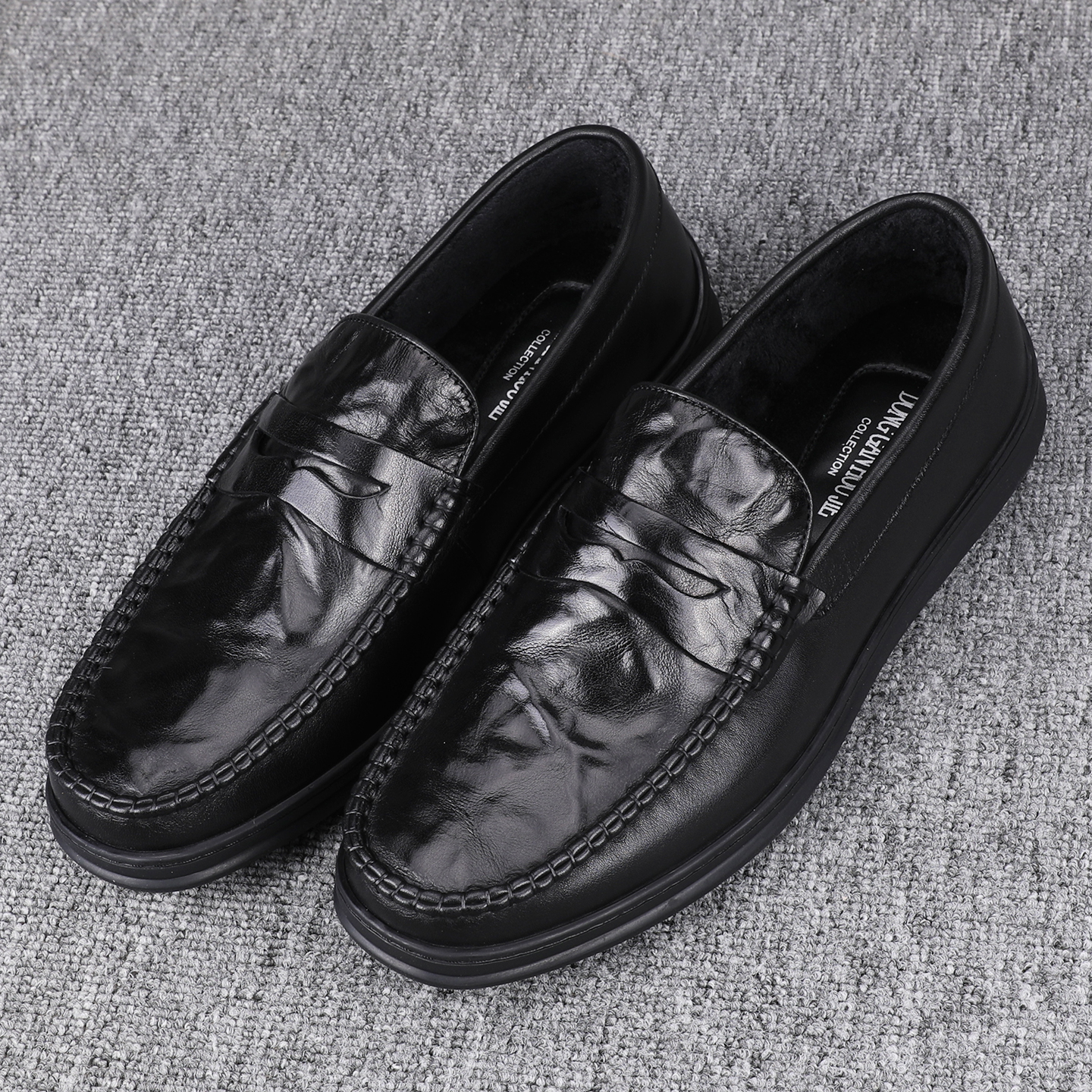 冬季加绒真皮豆豆鞋男款2025新款时尚一脚蹬软底纯皮商务休闲皮鞋 - 图1