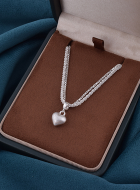 双层拉丝爱心吊坠纯银项链