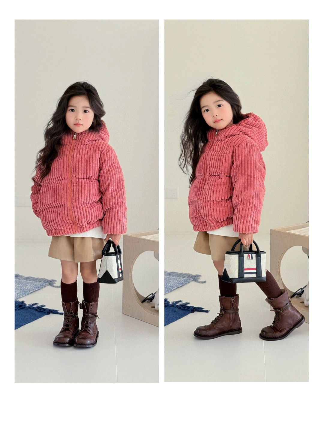 25冬季新款童装三角logo收腰羽绒服毛衣毛绒外套灯芯绒羽绒 - 图3