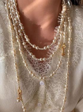 chomelkinsey长款澳白色珍珠项炼多层叠戴毛衣炼秋冬轻奢小众颈炼