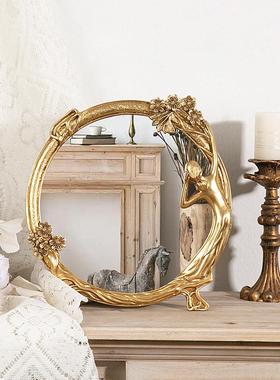 欧式轻奢树脂浮雕金色侍女镜化妆镜复古树脂拍照道具少女梳妆镜子