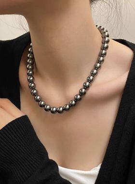 新加坡chomelkinsey2mm黑/灰珍珠项链女轻奢小众高级感复古锁骨链