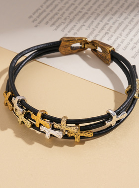 复古皮革镶钻十字架多层磁吸手链