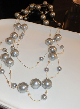 欧美夸张超长款珍珠多层叠戴项链