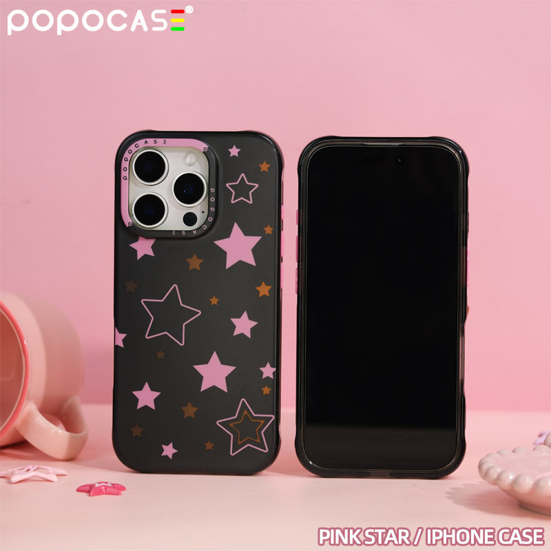 POPOCASE原创黑粉镭射星星小众设计ins磨砂带挂绳孔16promax手机壳iphone15pro新款炫彩渐变镭射14苹果保护套