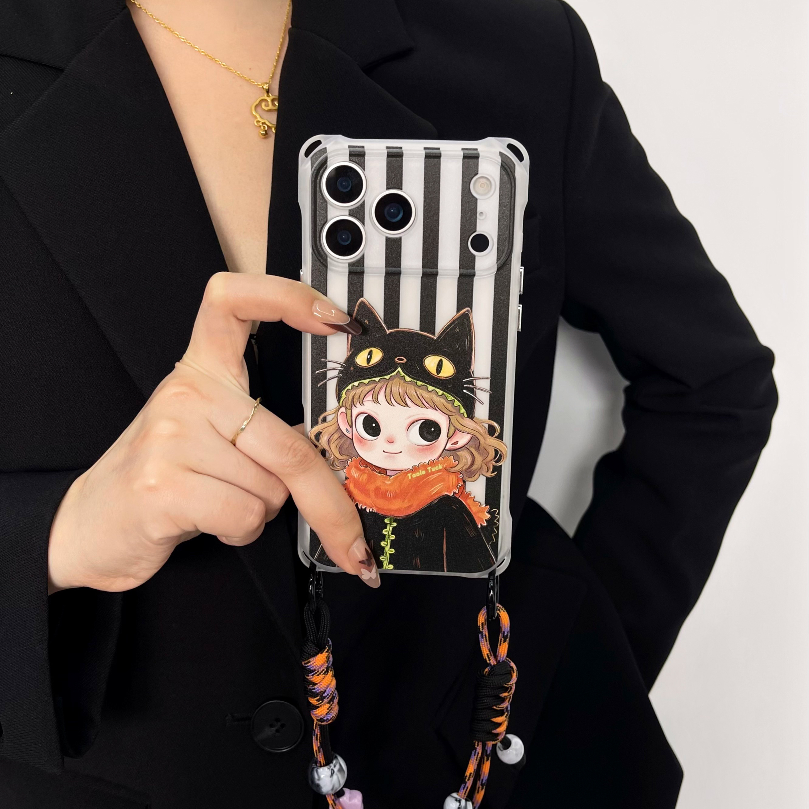 喵系少女适用苹果iphone17promax手机壳四角开孔华为mate70Pro可背防摔vivoX200S手腕小米保护套挂绳可爱卡通 - 图0