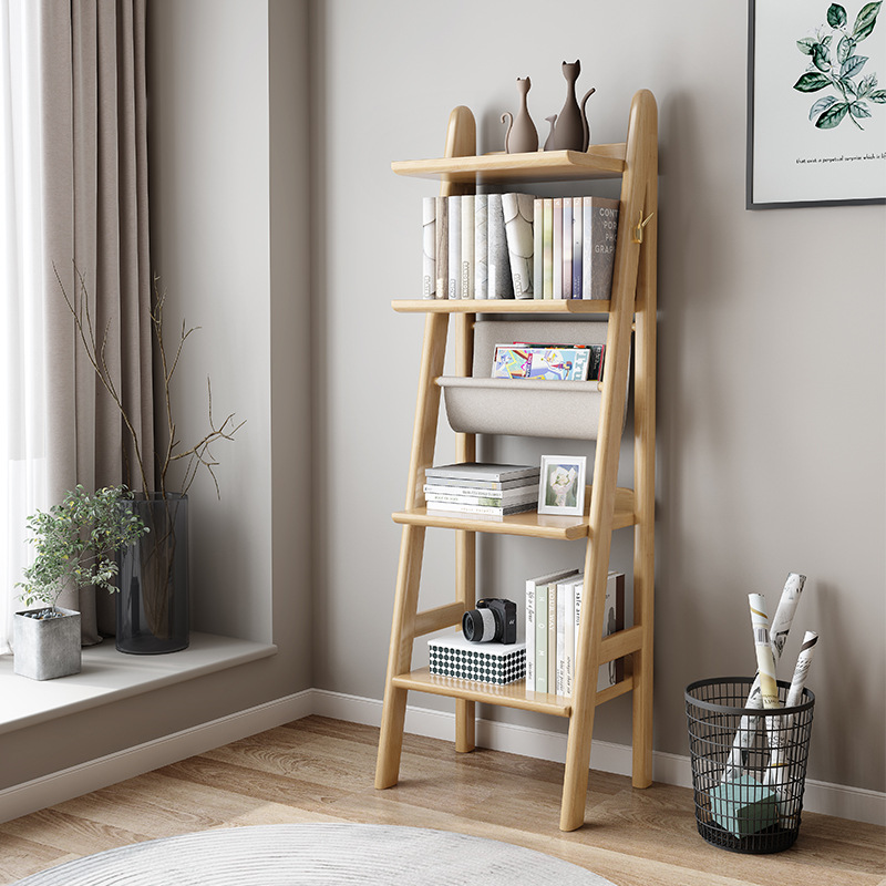 北欧实木书架书柜家用梯形置物架置物柜卧室落地收纳柜组装小书架-图3