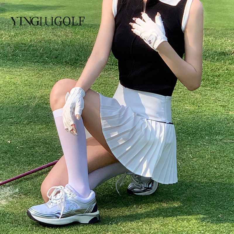 韩国高尔夫球服女套装网球百褶短裙golf运动POLO羽毛球衫无袖上衣 - 图2