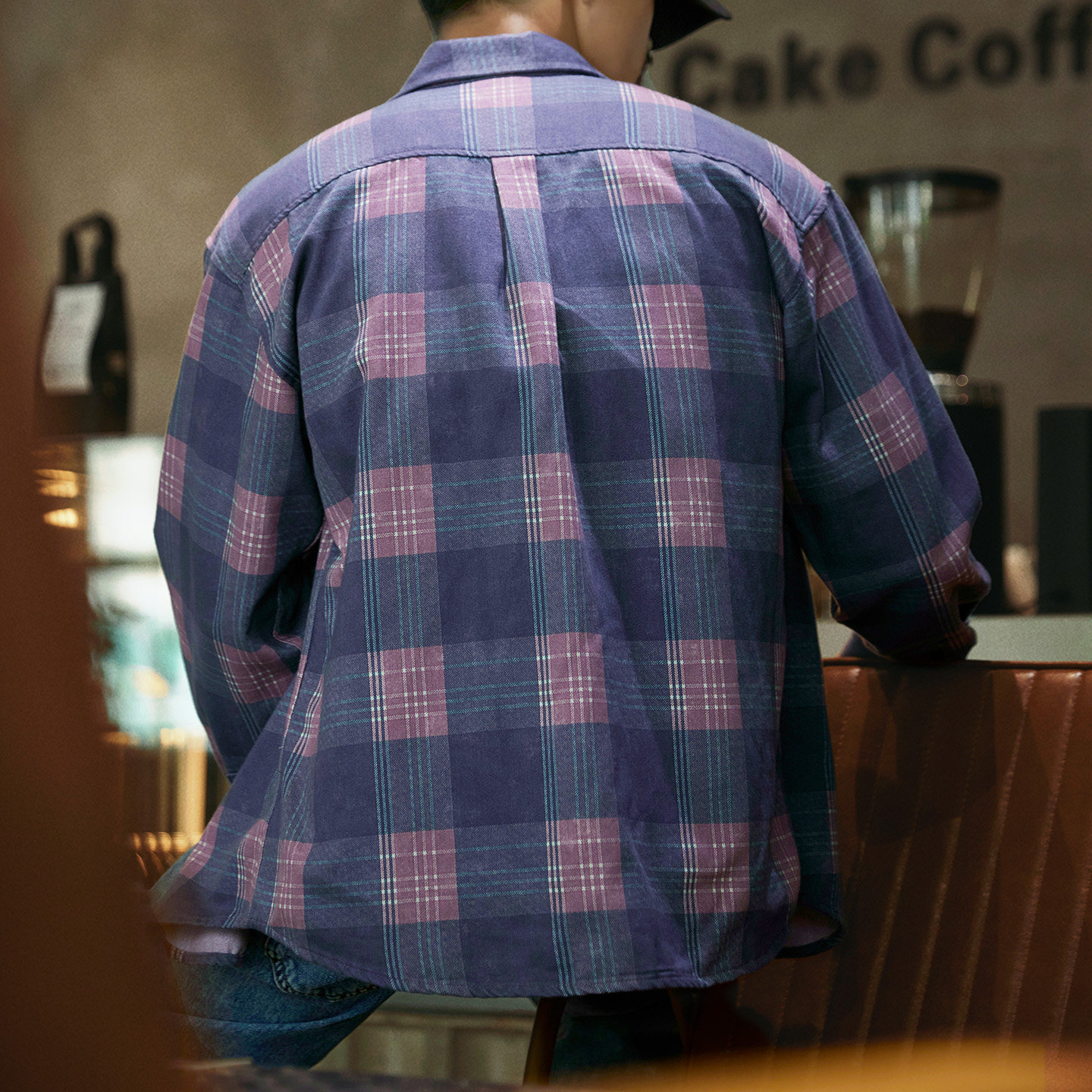 宇透天丝格子长袖衬衫男潮流设计感翻领衬衣百搭休闲紫色外套上衣,淘宝优惠券,粉丝福利购,淘宝优惠卷