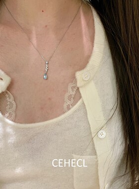 清冷感蓝眼泪水滴锆石吊坠项链女
