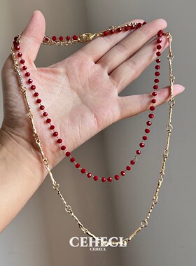 红金双层串珠项链女高级轻奢叠戴