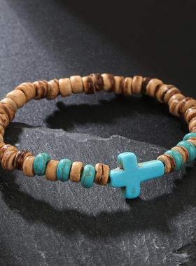 Cross Bracelet for Men椰壳木片松石十字架手链男嘻哈木头手环