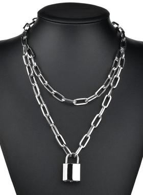 Cute Simple Chain Link Lock Necklace Pendant Women Silver