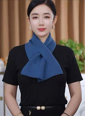 秋冬季交叉围巾女毛毛线百搭男女保暖薄纯色韩版短款针织围脖护颈