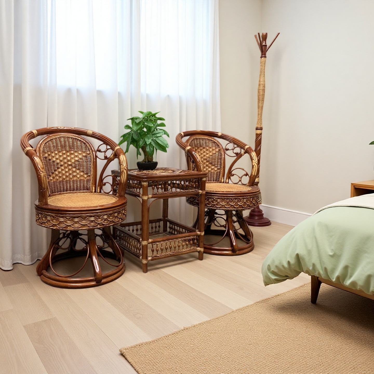 老式真藤椅三件套阳台桌椅茶几组合家用休闲单人高靠背腾编椅转椅 - 图0