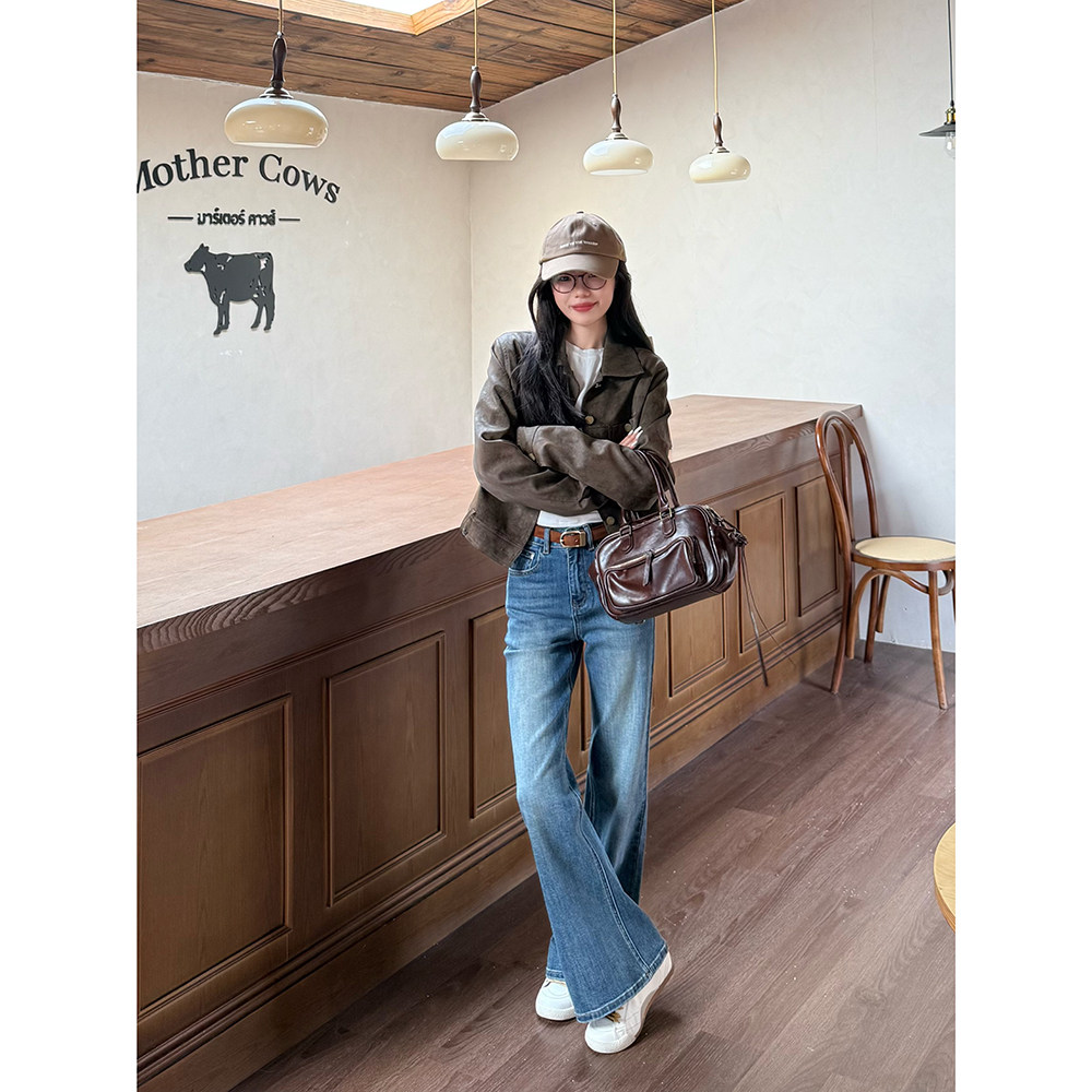 王家有鱼加绒复古微喇裤爆款时尚显瘦女裤2025秋冬新款百搭牛仔裤