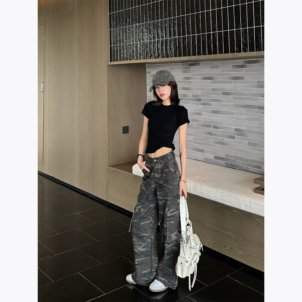 王家有鱼迷彩色工装阔腿裤2025年夏季新款牛仔裤百搭时尚直筒女裤
