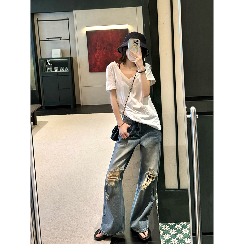 王家有鱼百搭显瘦直筒阔腿裤2025年新款垂感牛仔裤女夏季破洞裤子